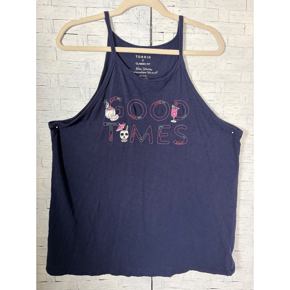 Torrid Womens Tank Top Good Times Graphic Navy Blue Cotton Embroidered Plus Size